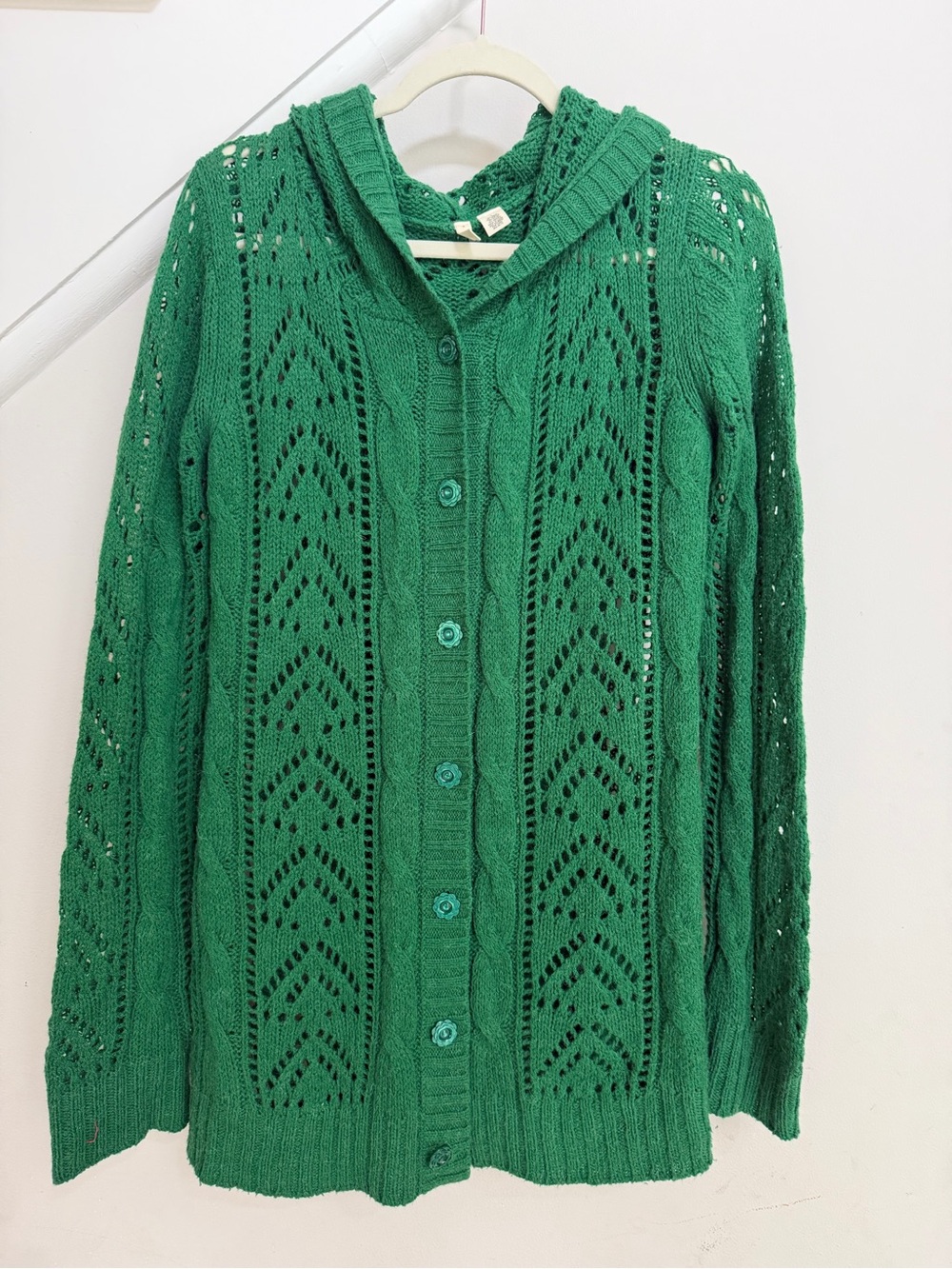 Anthropologie Moth Green Hooded Button-Front Openwork Cardigan sweater large